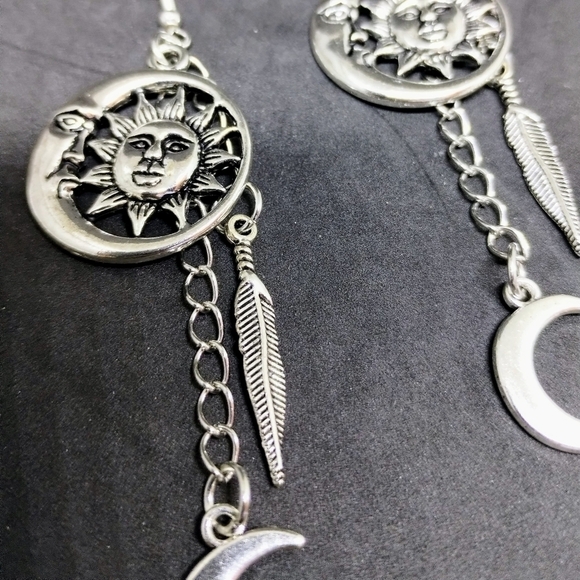 Handmade Silver Dangle Boho Celestial Sun and Moon Feather Chain Earrings - Picture 3 of 7